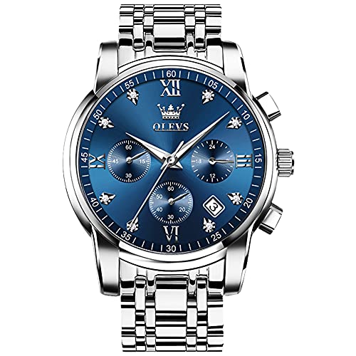 OLEVS Men's Stainless Steel Chronograph Watch, Big Face Gold Silver Black Tone Easy to Read Analog Quartz Watch, Luxury Waterproof Date Diamond Roman Arabic Numerals Dial Dress Watch for Men