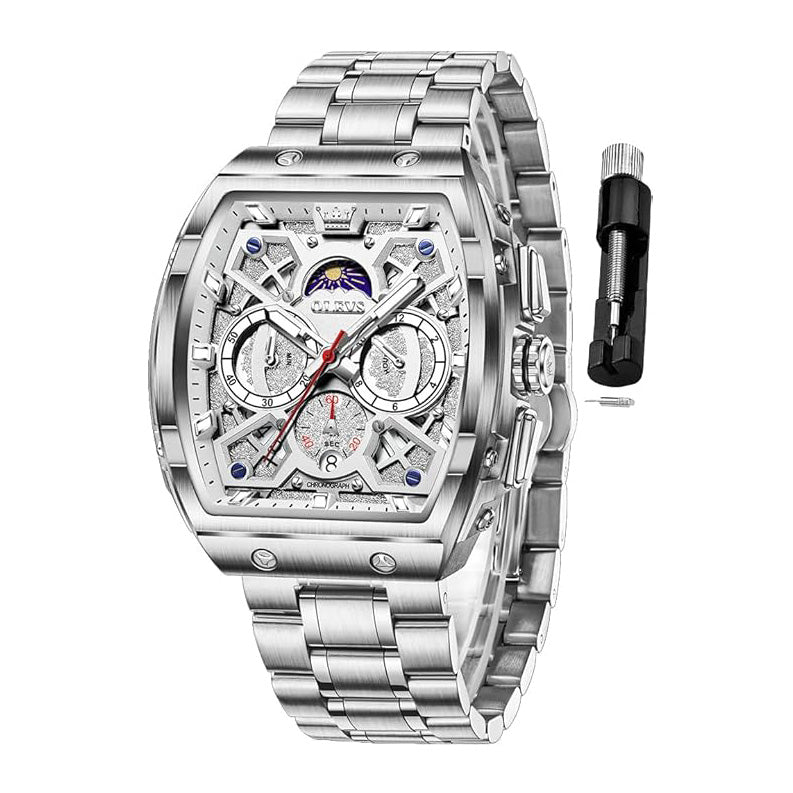 OLEVS Men Watches Business Dress Chronograph Big Square Quartz Analog Male Watch Silicone Strap Waterproof Date Gift Mens Wrsit Watch Silver