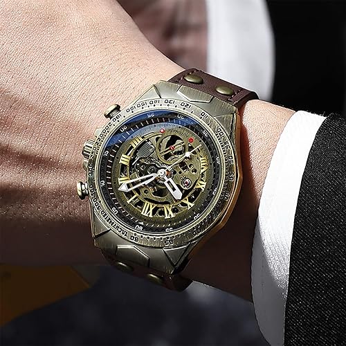 JewelryWe Automatic Watches for Men: 36-Hour Power Reserve Self-Winding Mechanical Roman Numeral Skeleton Vintage Genuine Leather Strap 3ATM Waterproof Wristwatch for Valentine's Day
