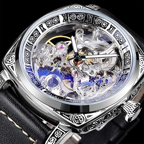 Square Luxury Retro Mechanical Watch for Men, Gorgeous Hollow Skeleton Self-Wind Carved Automatic Watches Vintage Leather Strap Wristwatch Silver Dail Black Strap
