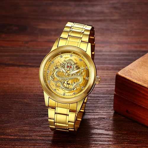 Avaner Men's Stainless Steel Wristwatch Engraved Dragon Dial Analog Quartz Watches with Luminous Hands