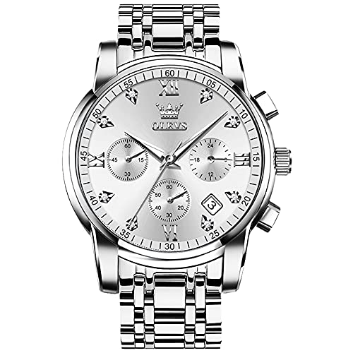 OLEVS Men's Stainless Steel Chronograph Watch, Big Face Gold Silver Black Tone Easy to Read Analog Quartz Watch, Luxury Waterproof Date Diamond Roman Arabic Numerals Dial Dress Watch for Men