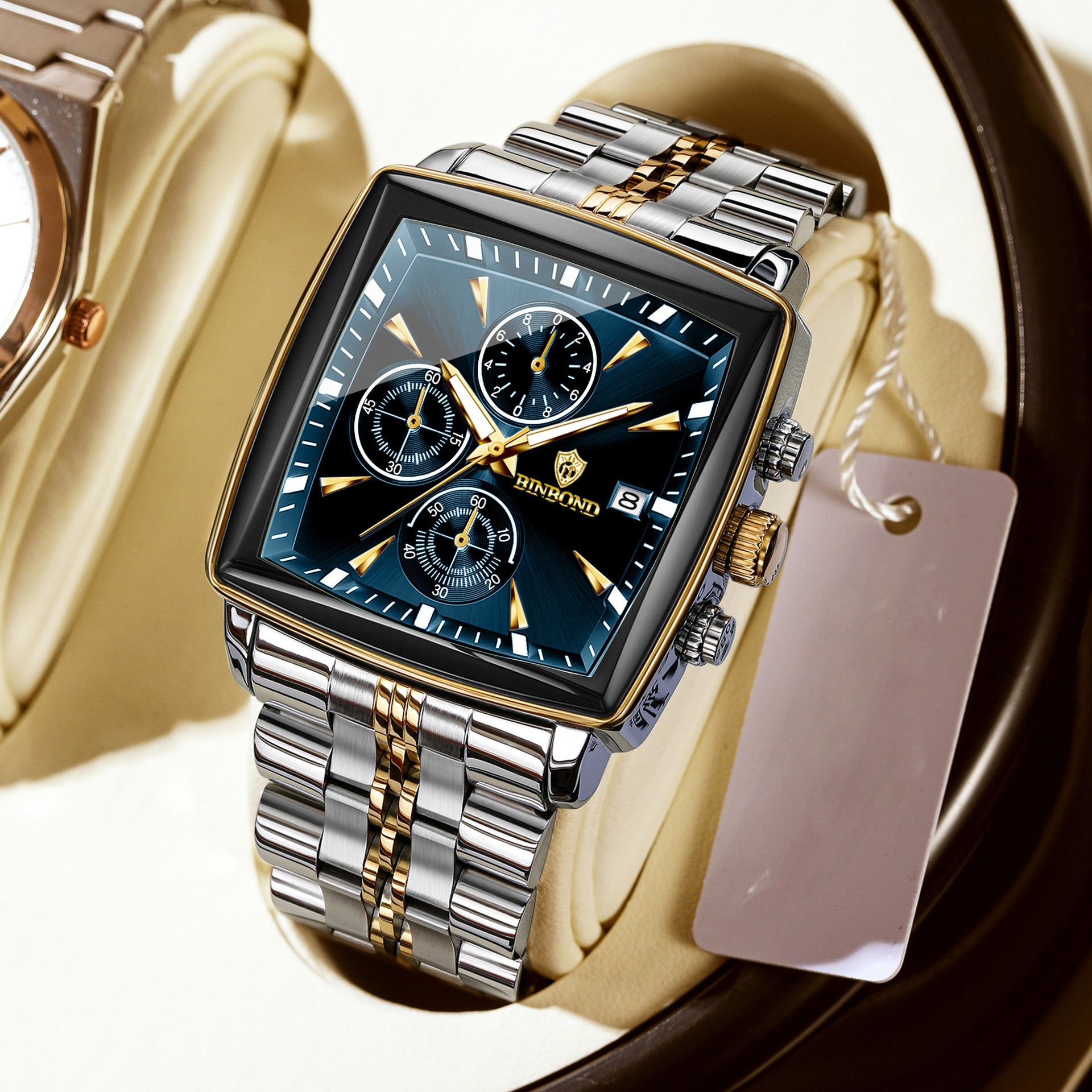 Square Watches for Men Blue Stainless Steel Chronograph Fashion Business Watch Luminous Waterproof Casual Wrist Watches