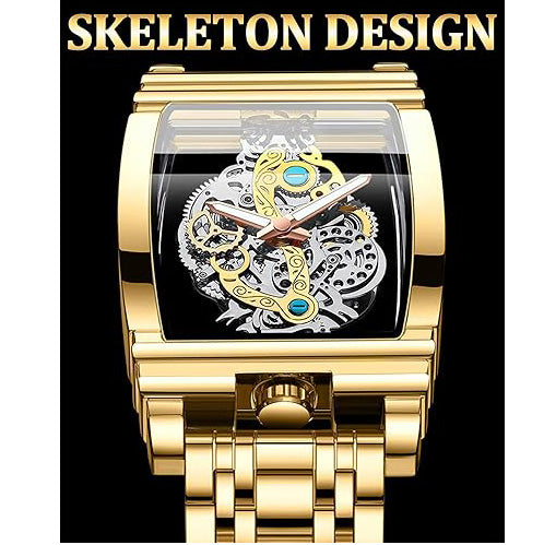 Men's Luxury Hollow Skeleton Watch Retro Gorgeous Gear Carving Design Rectangle Tonneau Large Dial Leather Belt & Stainless Steel Band Quartz Wristwatch Not Mechanical Watches