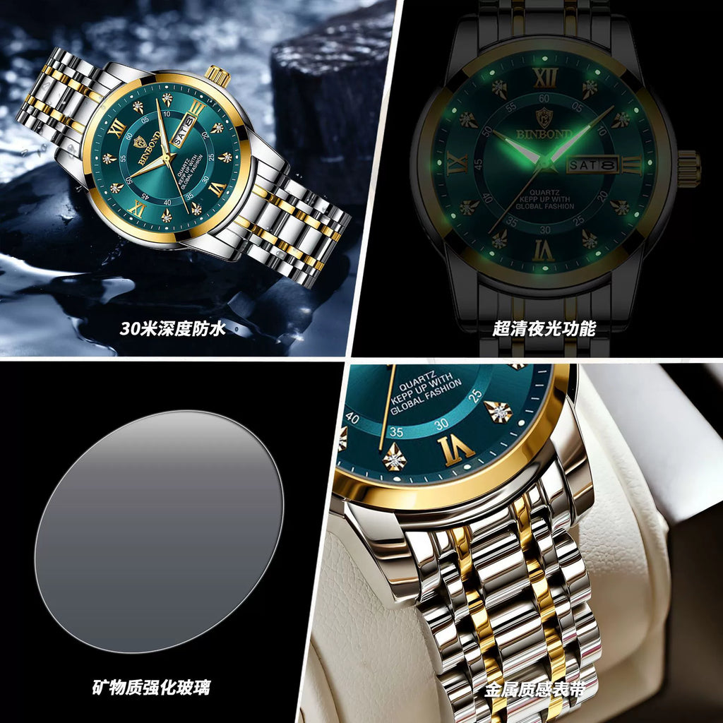 Quartz movement genuine waterproof luminous business fashion dual calendar with diamond studded steel strip butterfly buckle men's watch
