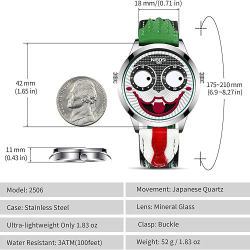 Watches for Men Analog Quartz Clown Dial Wrist Watches Unique Weird Fashion Cool Watch Waterproof Leather Strap Men's Watches