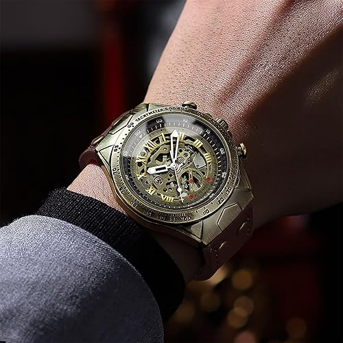 JewelryWe Automatic Watches for Men: 36-Hour Power Reserve Self-Winding Mechanical Roman Numeral Skeleton Vintage Genuine Leather Strap 3ATM Waterproof Wristwatch for Valentine's Day