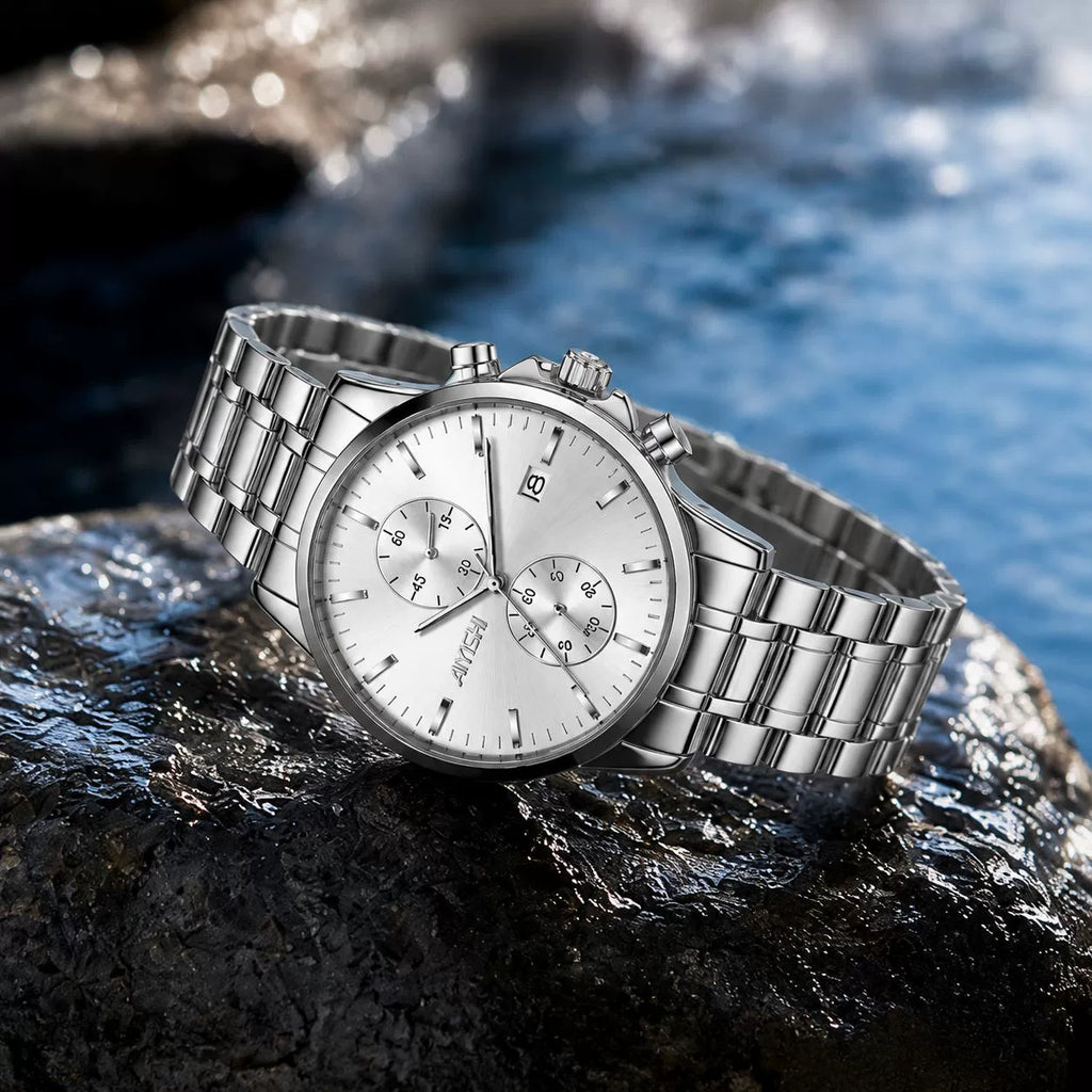 Mens Watch Fashion Sleek Minimalist Quartz Analog Mesh Stainless Steel Waterproof Chronograph Watches for Men with Auto Date