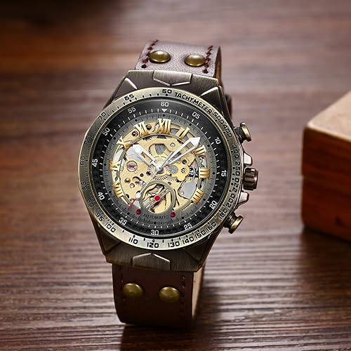 JewelryWe Automatic Watches for Men: 36-Hour Power Reserve Self-Winding Mechanical Roman Numeral Skeleton Vintage Genuine Leather Strap 3ATM Waterproof Wristwatch for Valentine's Day