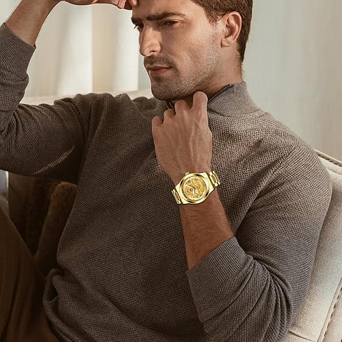 Avaner Men's Stainless Steel Wristwatch Engraved Dragon Dial Analog Quartz Watches with Luminous Hands