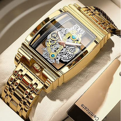 Men's Luxury Hollow Skeleton Watch Retro Gorgeous Gear Carving Design Rectangle Tonneau Large Dial Leather Belt & Stainless Steel Band Quartz Wristwatch Not Mechanical Watches