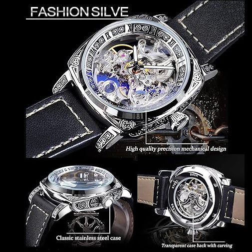 Square Luxury Retro Mechanical Watch for Men, Gorgeous Hollow Skeleton Self-Wind Carved Automatic Watches Vintage Leather Strap Wristwatch Silver Dail Black Strap