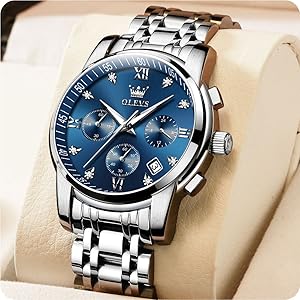 OLEVS Men's Stainless Steel Chronograph Watch, Big Face Gold Silver Black Tone Easy to Read Analog Quartz Watch, Luxury Waterproof Date Diamond Roman Arabic Numerals Dial Dress Watch for Men