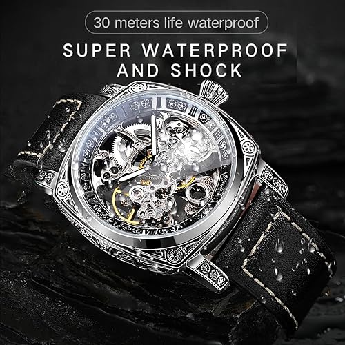 Square Luxury Retro Mechanical Watch for Men, Gorgeous Hollow Skeleton Self-Wind Carved Automatic Watches Vintage Leather Strap Wristwatch Silver Dail Black Strap