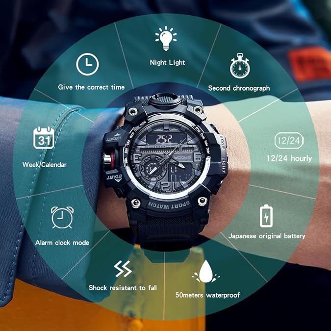 Men's Watches Sports Outdoor Waterproof Military Watch Date Multi Function Tactics LED Face Alarm Stopwatch for Men 3133