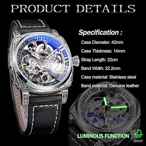 Square Luxury Retro Mechanical Watch for Men, Gorgeous Hollow Skeleton Self-Wind Carved Automatic Watches Vintage Leather Strap Wristwatch Silver Dail Black Strap
