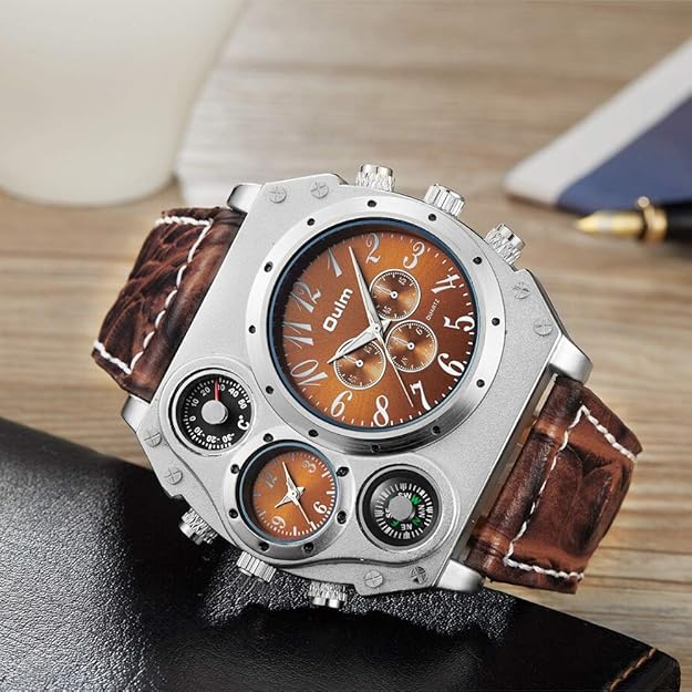 Men's Leather Wrist Watches: Big Face Dual Time Zone Oversized Large Dial Leather Strap Analog Quartz Watch