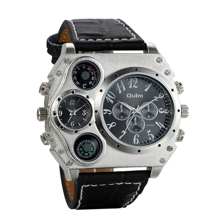 Men's Leather Wrist Watches: Big Face Dual Time Zone Oversized Large Dial Leather Strap Analog Quartz Watch