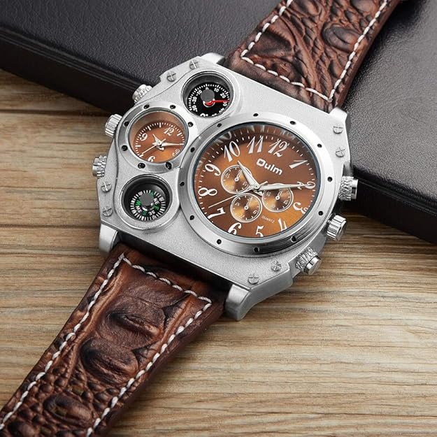 Men's Leather Wrist Watches: Big Face Dual Time Zone Oversized Large Dial Leather Strap Analog Quartz Watch