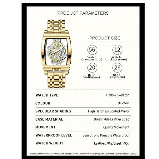 Men's Luxury Hollow Skeleton Watch Retro Gorgeous Gear Carving Design Rectangle Tonneau Large Dial Leather Belt & Stainless Steel Band Quartz Wristwatch Not Mechanical Watches