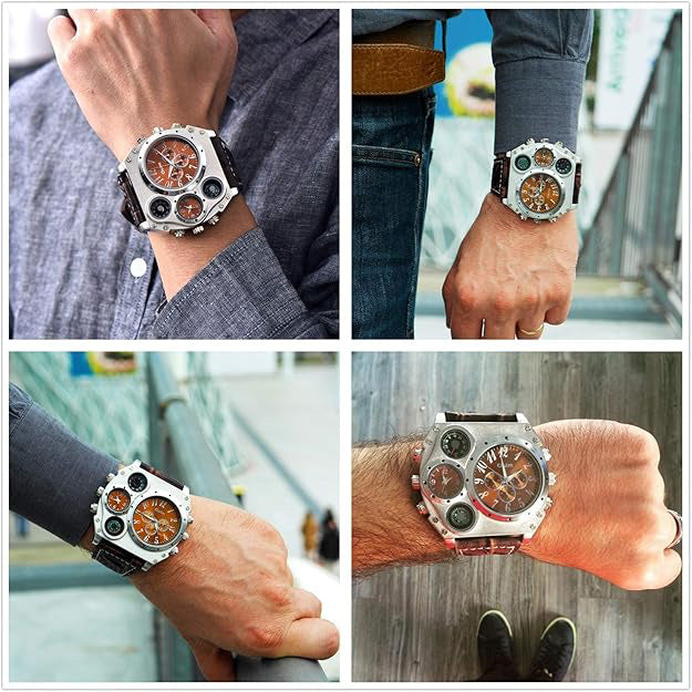 Men's Leather Wrist Watches: Big Face Dual Time Zone Oversized Large Dial Leather Strap Analog Quartz Watch