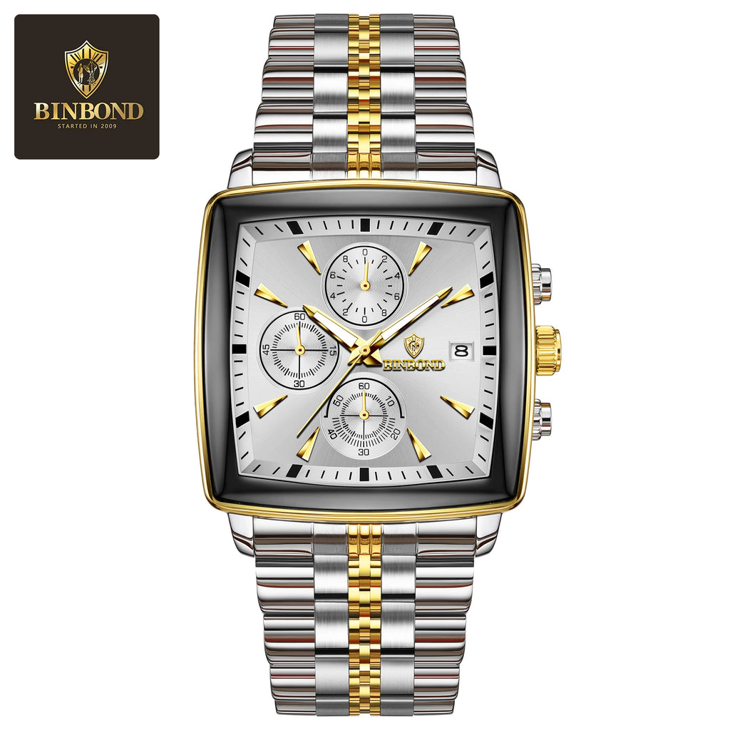 Square Watches for Men Blue Stainless Steel Chronograph Fashion Business Watch Luminous Waterproof Casual Wrist Watches