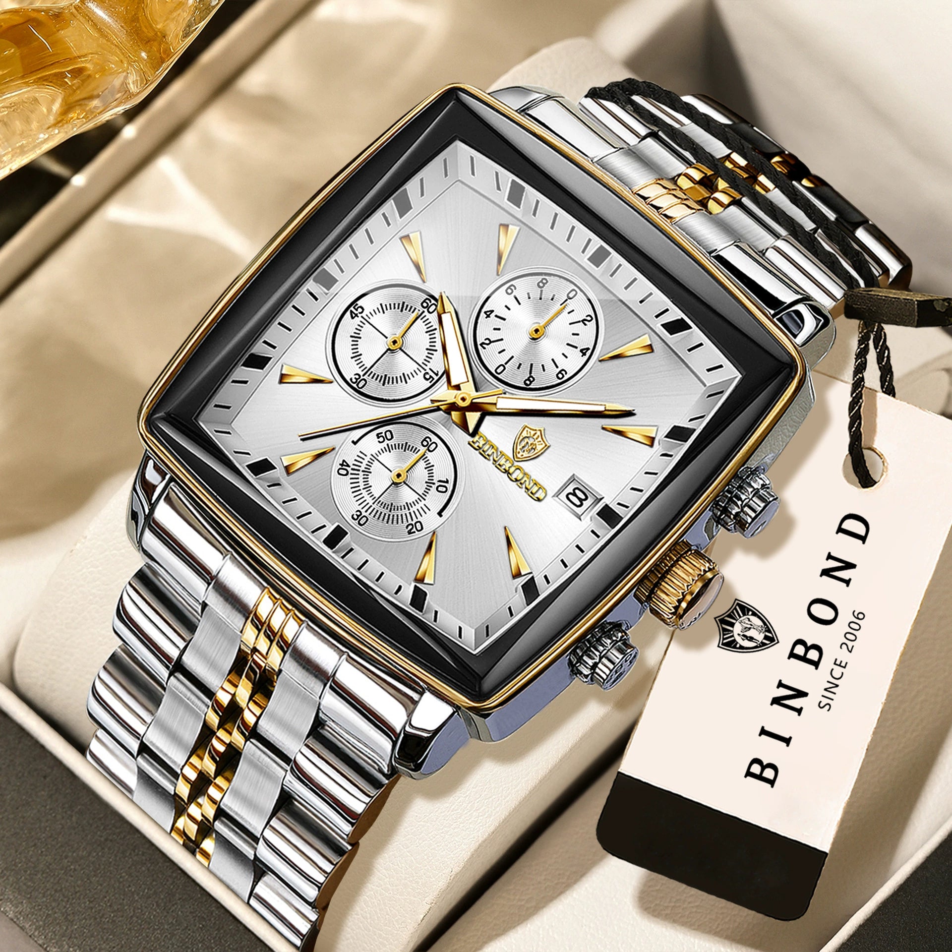Square Watches for Men Blue Stainless Steel Chronograph Fashion Business Watch Luminous Waterproof Casual Wrist Watches