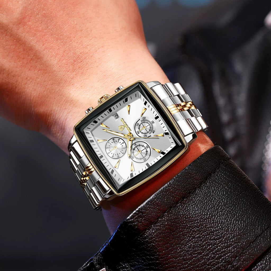 Square Watches for Men Blue Stainless Steel Chronograph Fashion Business Watch Luminous Waterproof Casual Wrist Watches