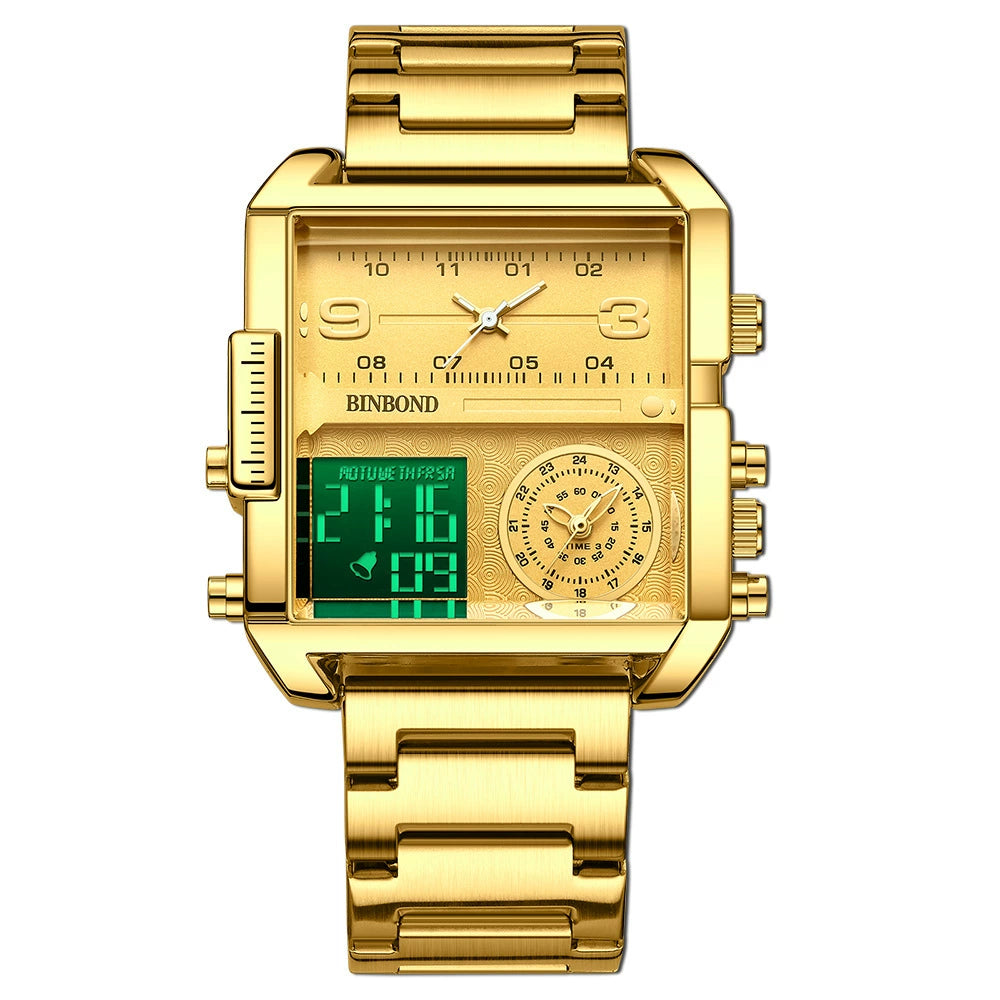 Men Square Large Square Face Digital Sports Watch Multifunction LED Analog Quartz Wrist Watch with Multi-Time Zone Waterproof Stopwatch
