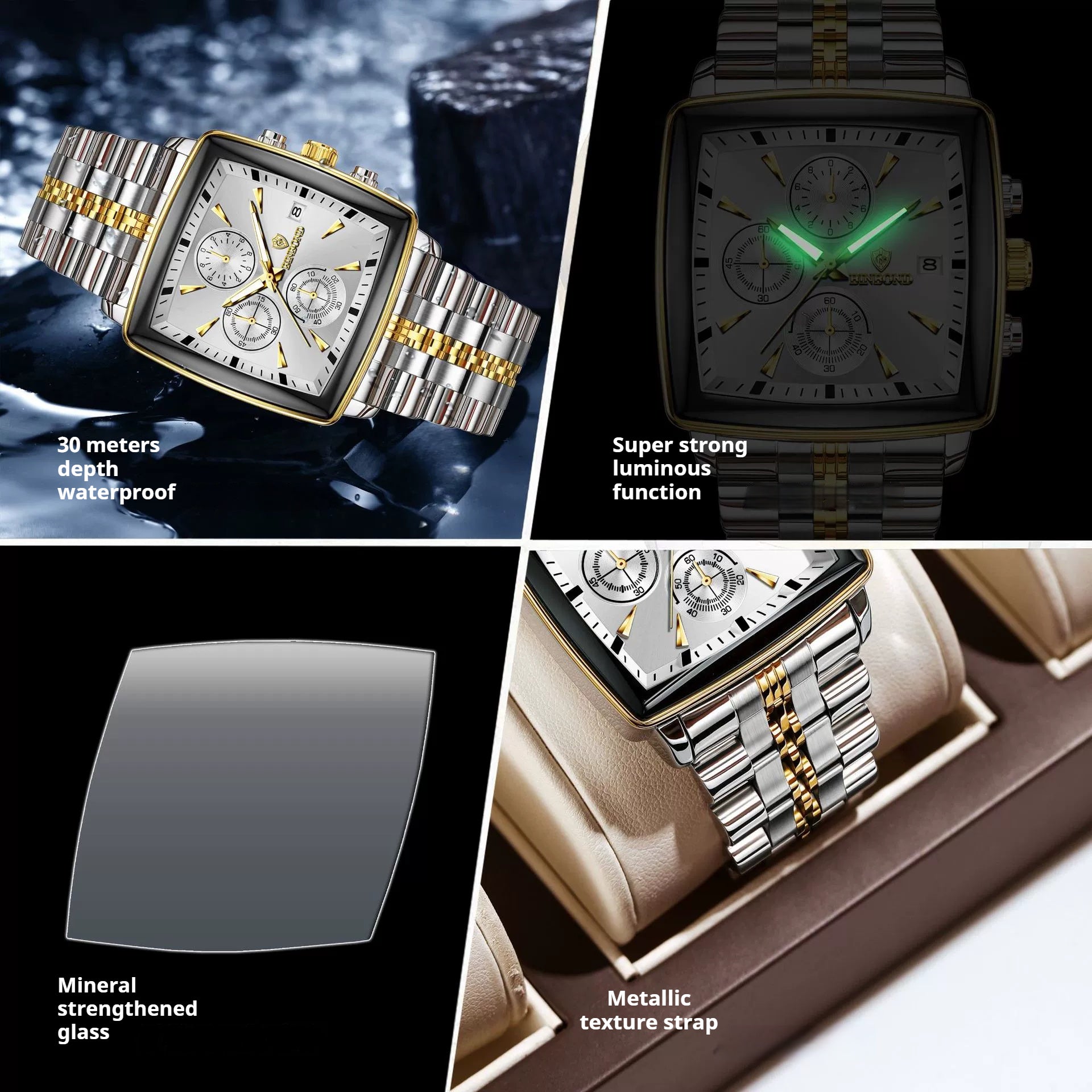 Square Watches for Men Blue Stainless Steel Chronograph Fashion Business Watch Luminous Waterproof Casual Wrist Watches