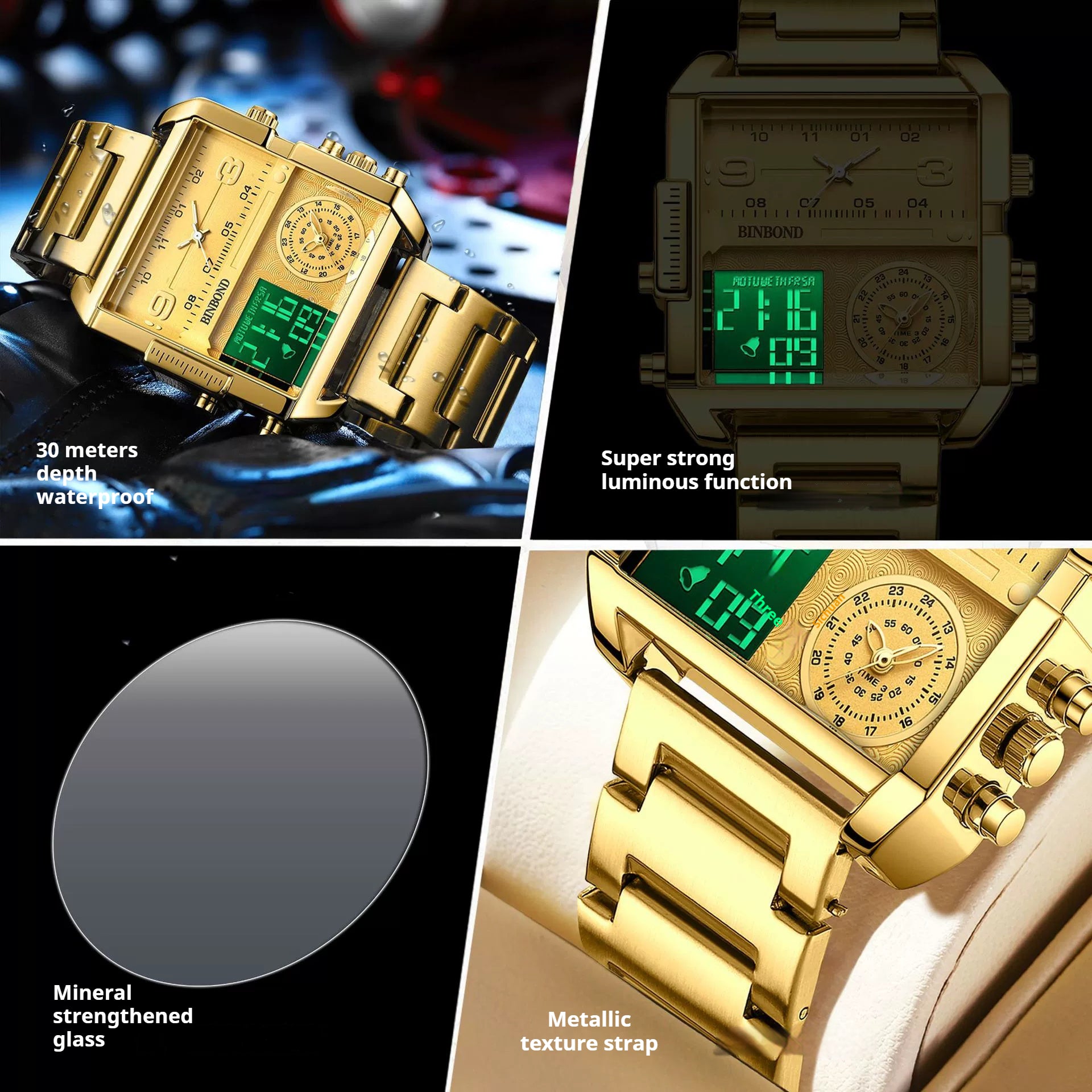 Men Square Large Square Face Digital Sports Watch Multifunction LED Analog Quartz Wrist Watch with Multi-Time Zone Waterproof Stopwatch