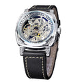 Square Luxury Retro Mechanical Watch for Men, Gorgeous Hollow Skeleton Self-Wind Carved Automatic Watches Vintage Leather Strap Wristwatch Silver Dail Black Strap